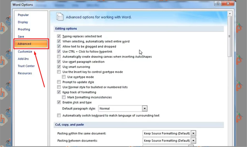 7 Ketuk Kolom Advanced - Cara Mengubah Inchi ke Cm di Microsoft Word