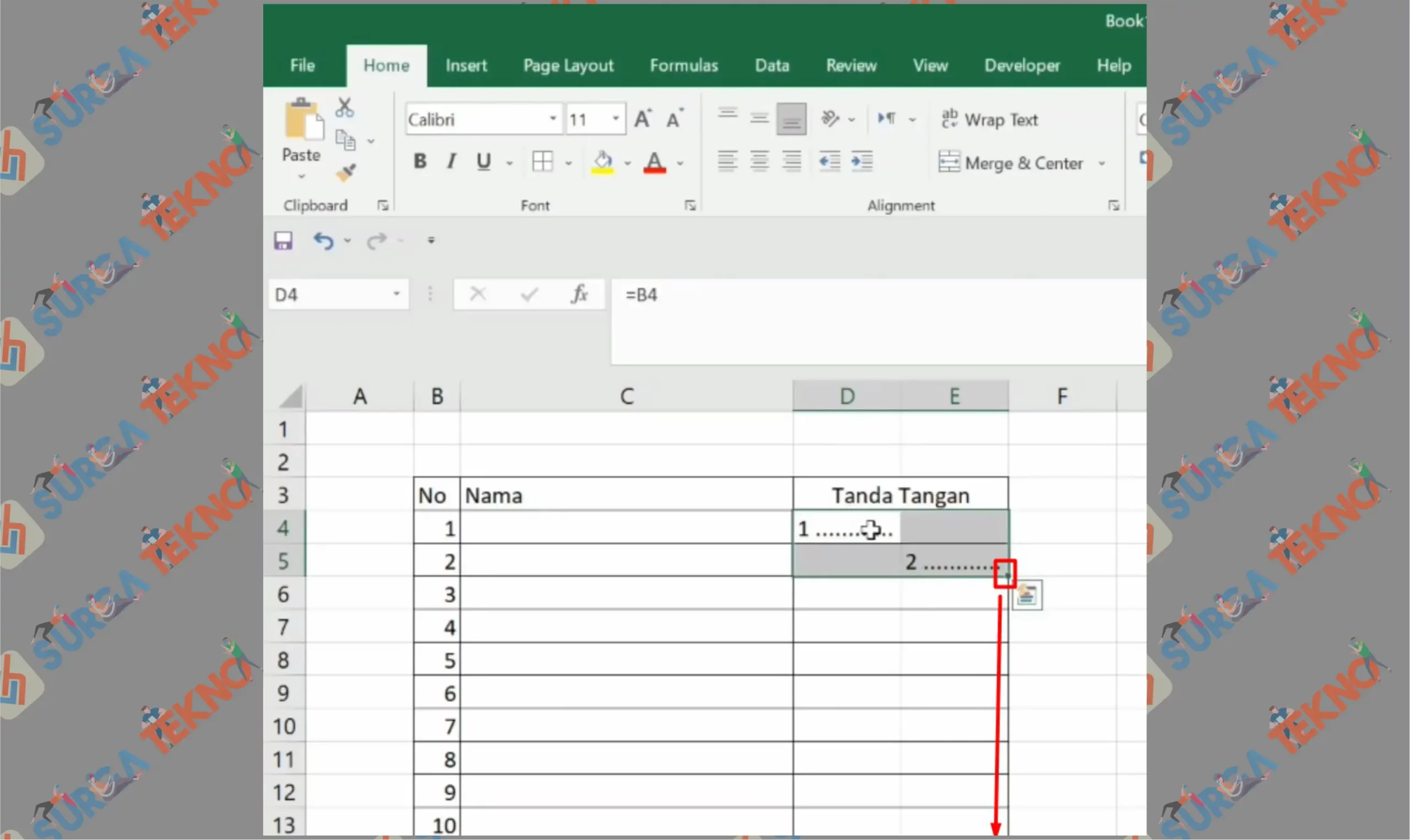 11 Blok dan Drag kebawah - Cara Membuat Kolom Tanda Tangan Zig Zag di Excel