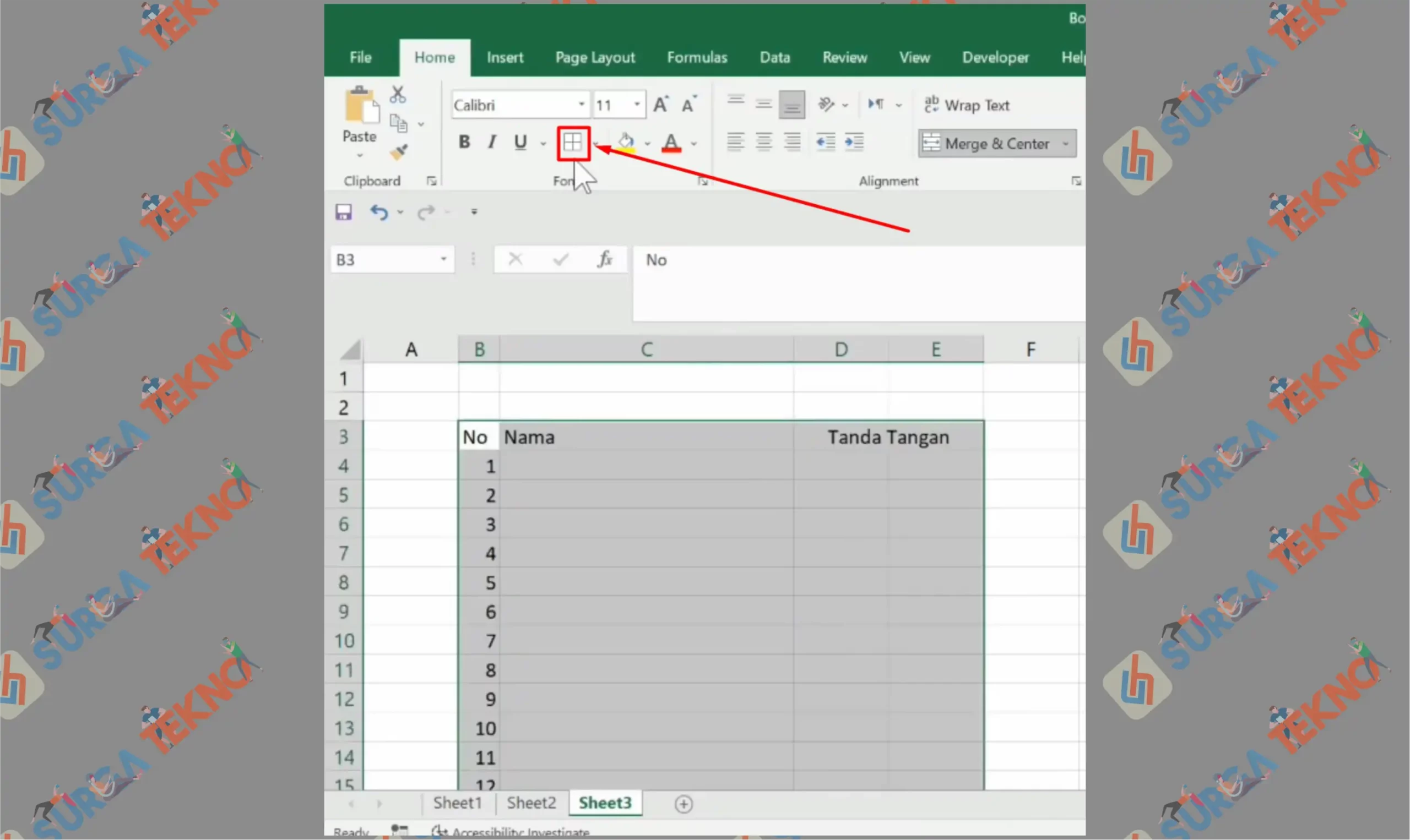 2 Blok dan Border - Cara Membuat Kolom Tanda Tangan Zig Zag di Excel